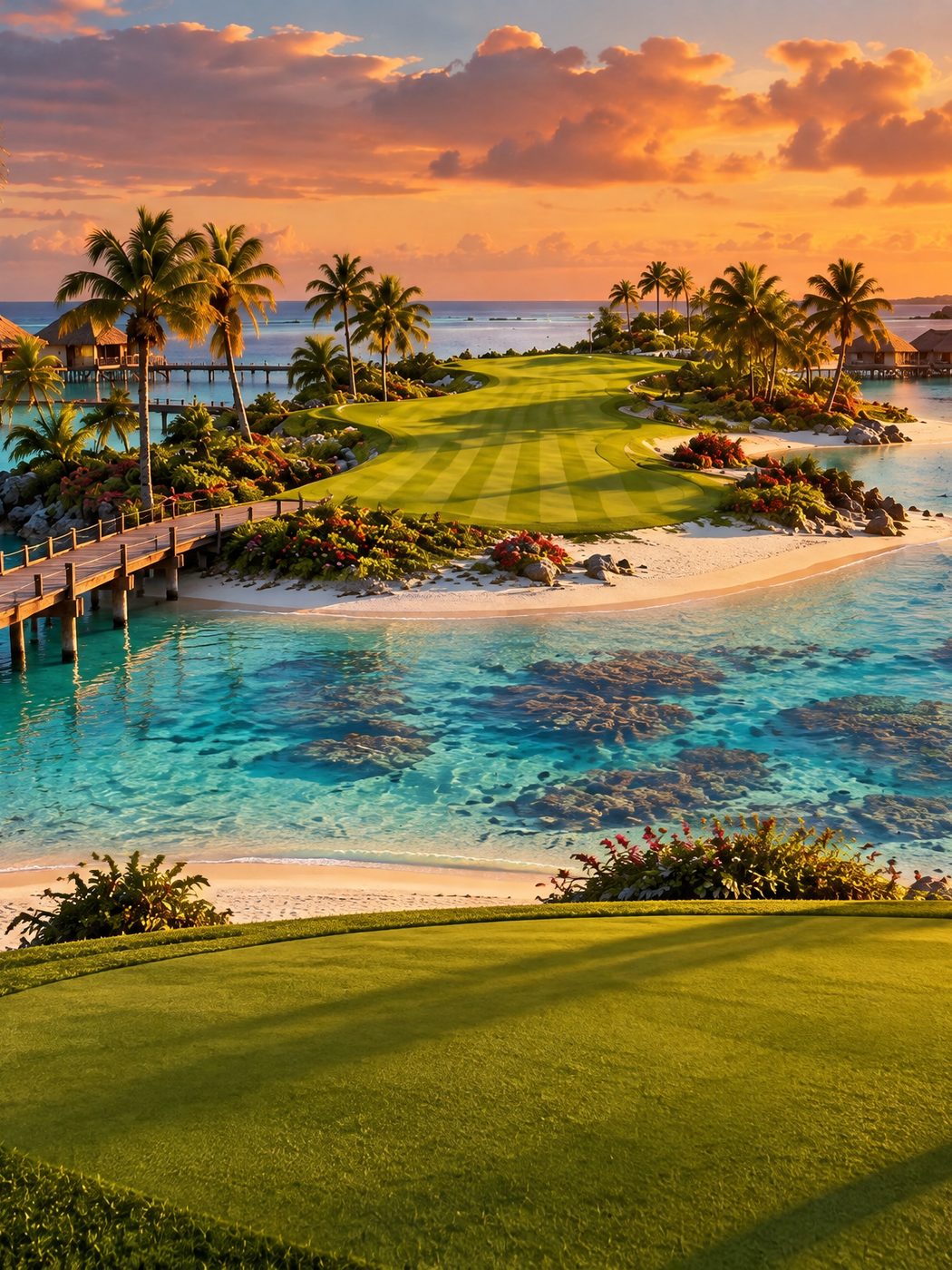 Coral Lagoon: a green on a palm island above a turquoise lagoon, a boardwalk and overwater bungalows at sunset