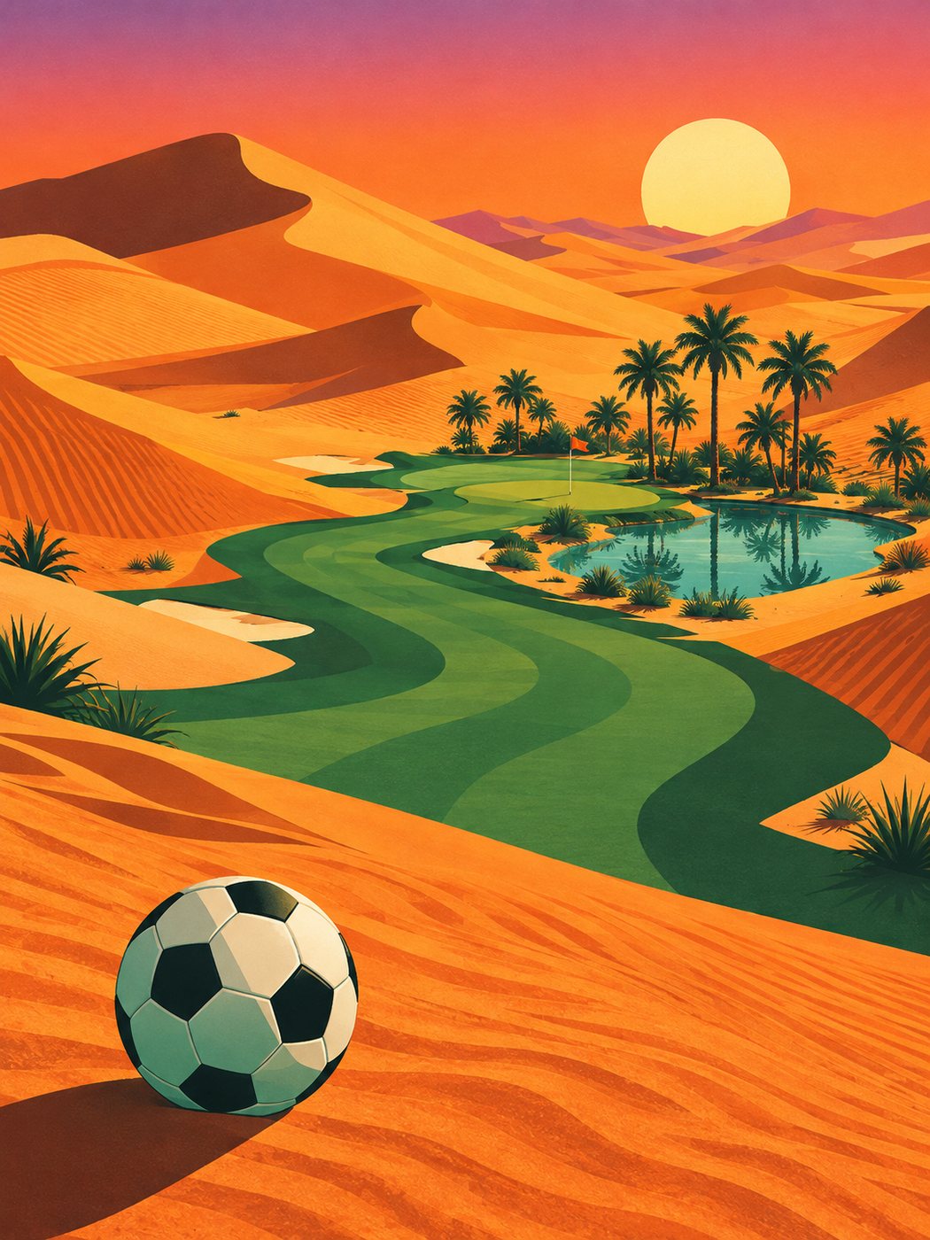 Dune Oasis: a fairway between golden dunes to a green beside an oasis