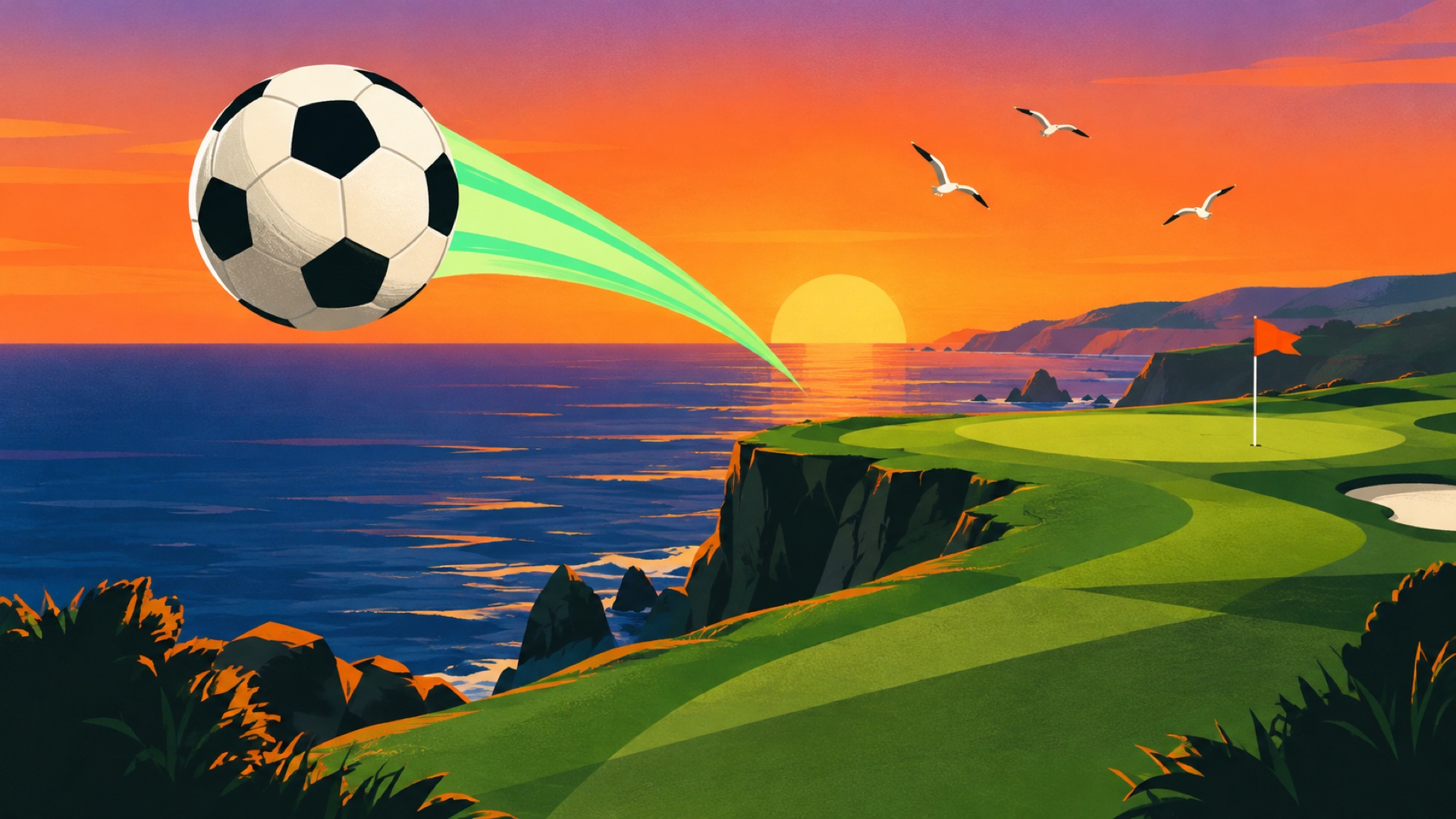 A soccer ball flying over a clifftop fairway above the sea at sunset