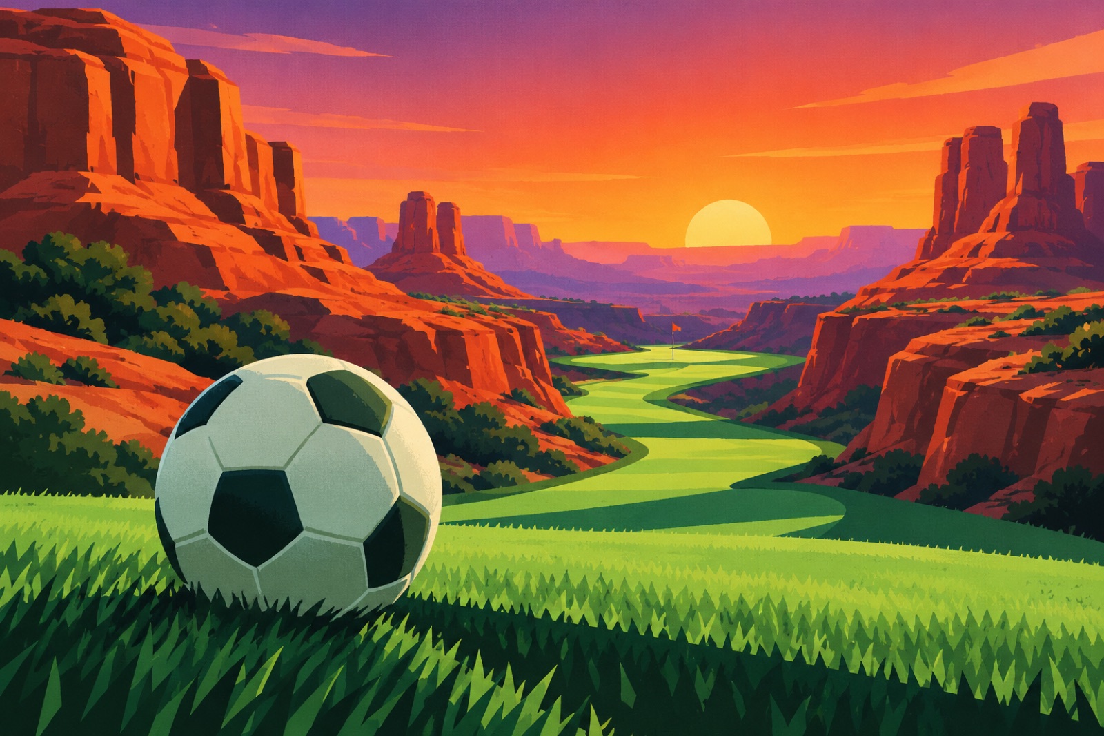 The tee at Red Mesa: a ball on the grass, the flag far down the canyon