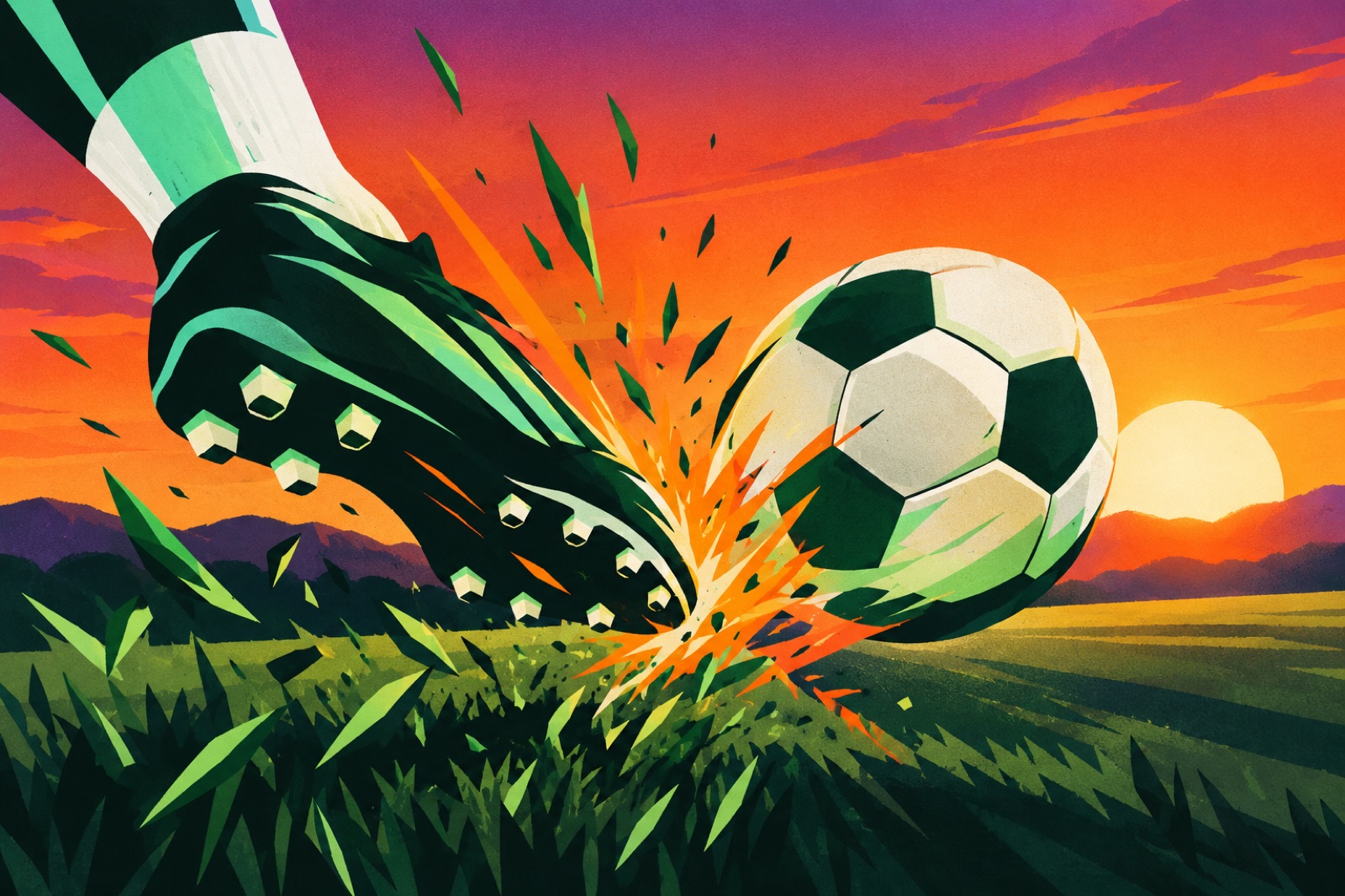 A boot striking the ball, grass flying