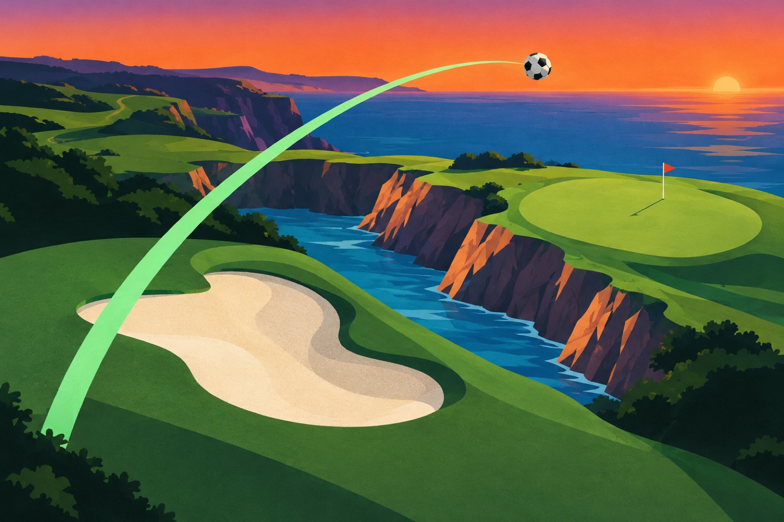 The ball in flight over the clifftop fairway
