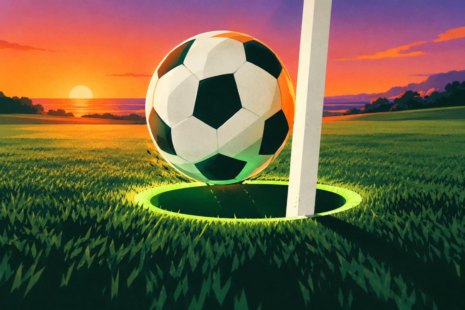 The ball rolling to the hole at sunset