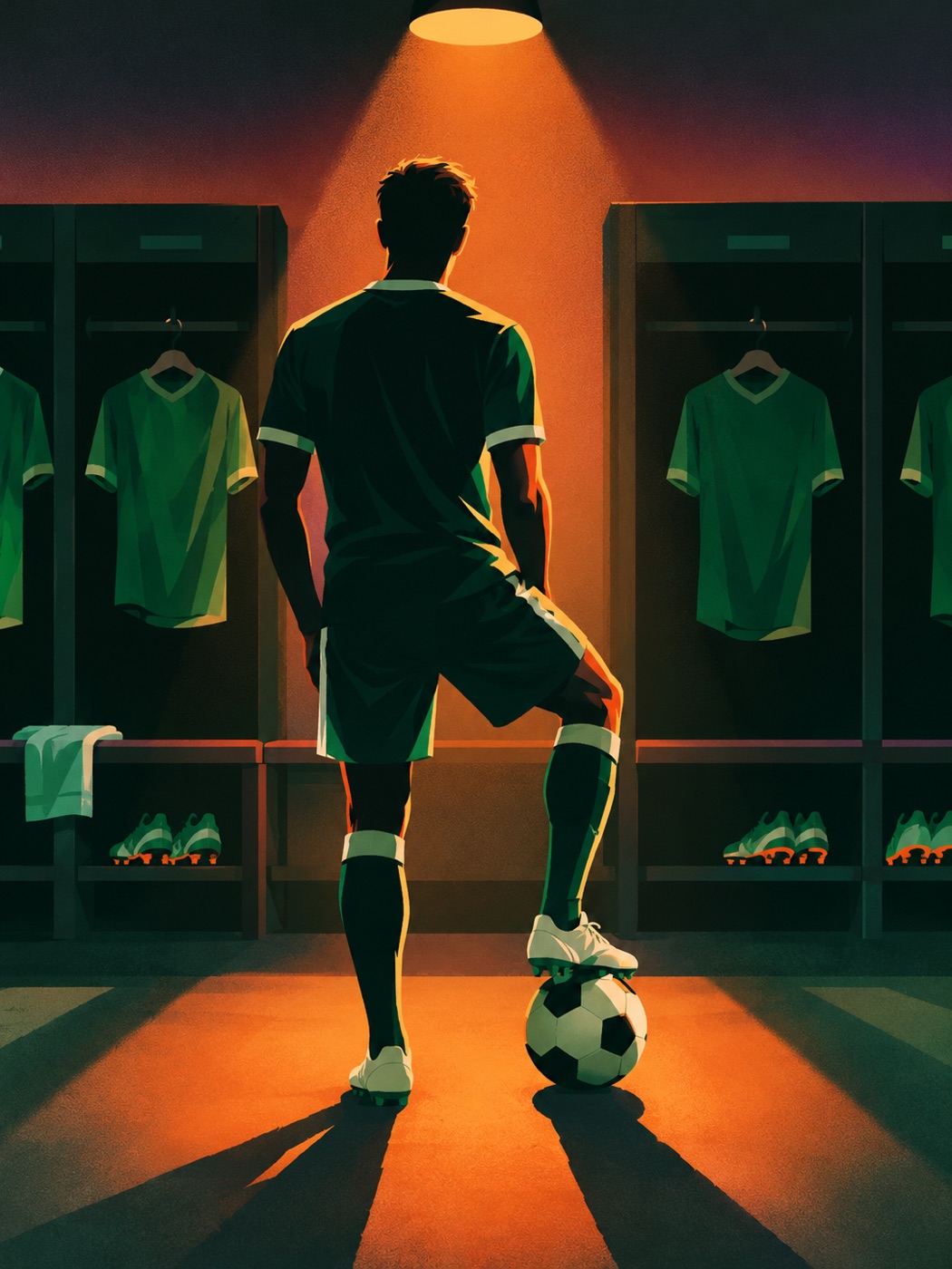 A player in the locker room, boot on the ball