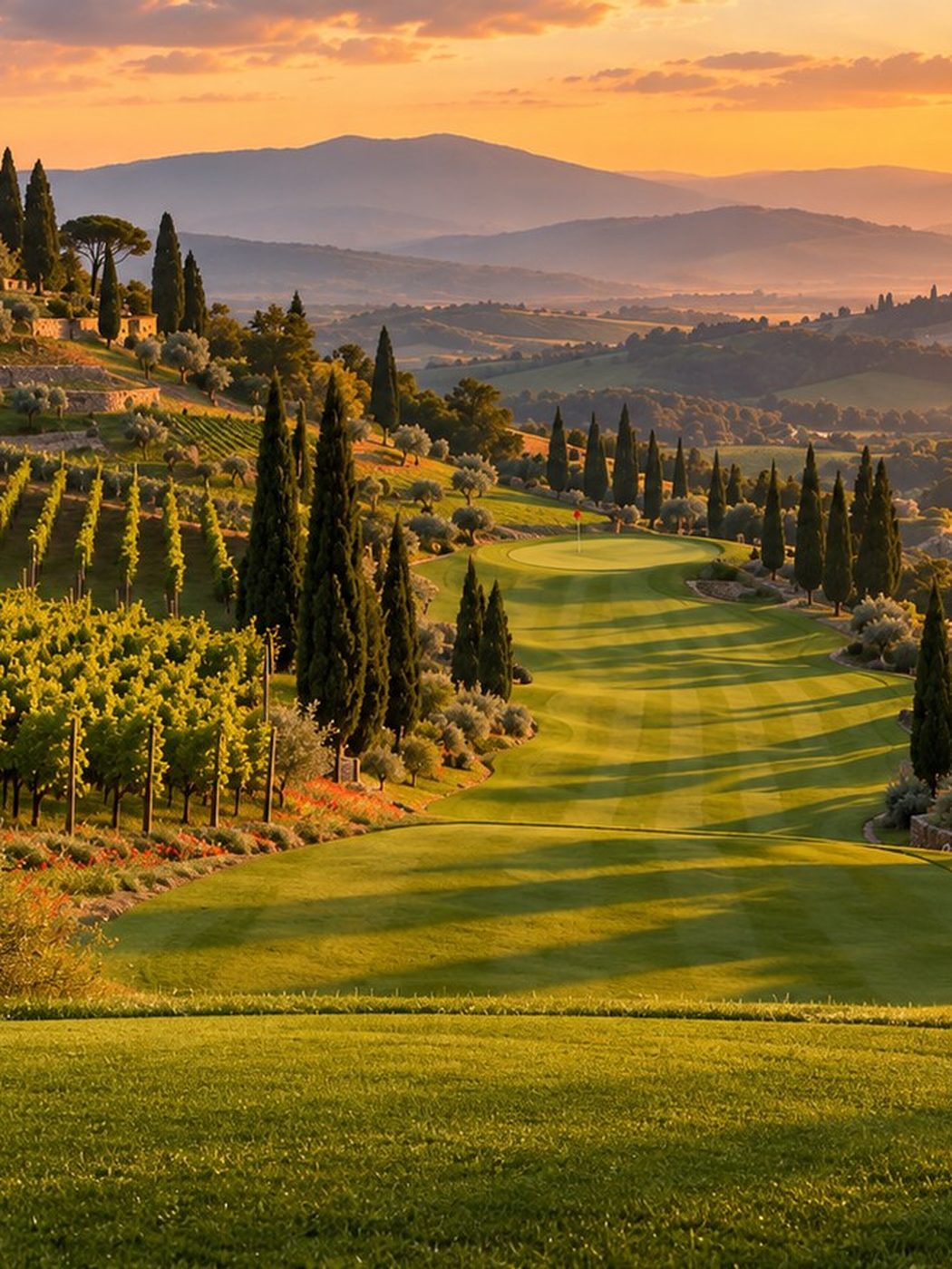 Tuscan Vines: a terraced fairway between vineyards and cypress at golden hour