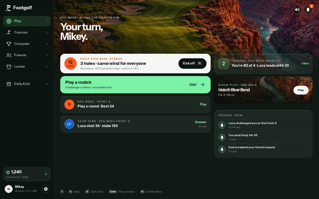 Footgolf's home screen on a computer: your turn, Daily Kick, a friend's challenge waiting
